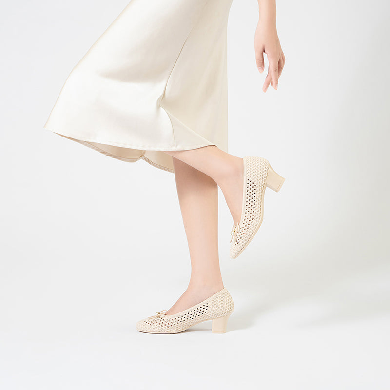 Pearl Bow Mesh Knit Round Toe Pumps – Breathable Block Heel Work Shoes