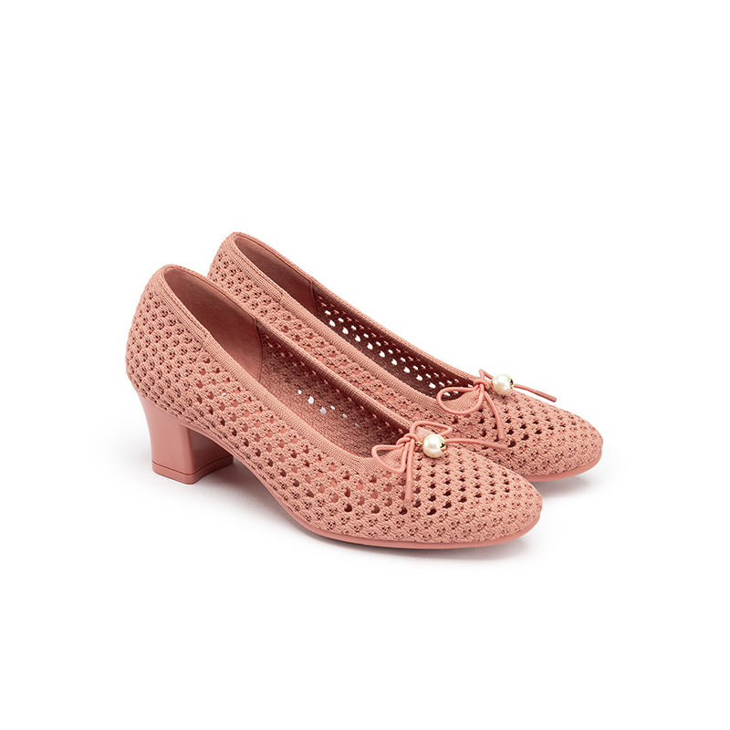 Pearl Bow Mesh Knit Round Toe Pumps – Breathable Block Heel Work Shoes
