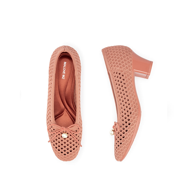 Pearl Bow Mesh Knit Round Toe Pumps – Breathable Block Heel Work Shoes