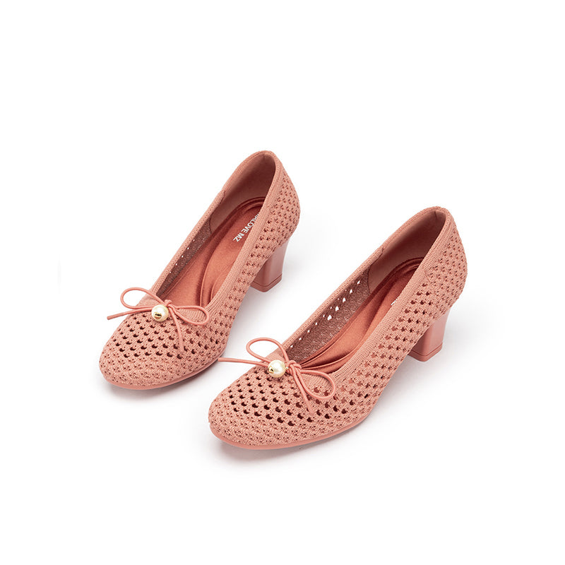 Pearl Bow Mesh Knit Round Toe Pumps – Breathable Block Heel Work Shoes