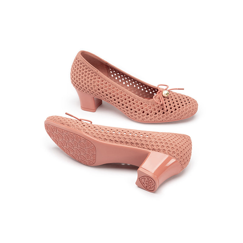 Pearl Bow Mesh Knit Round Toe Pumps – Breathable Block Heel Work Shoes