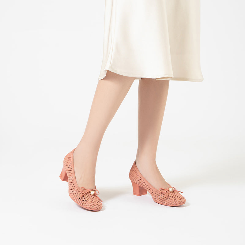 Pearl Bow Mesh Knit Round Toe Pumps – Breathable Block Heel Work Shoes