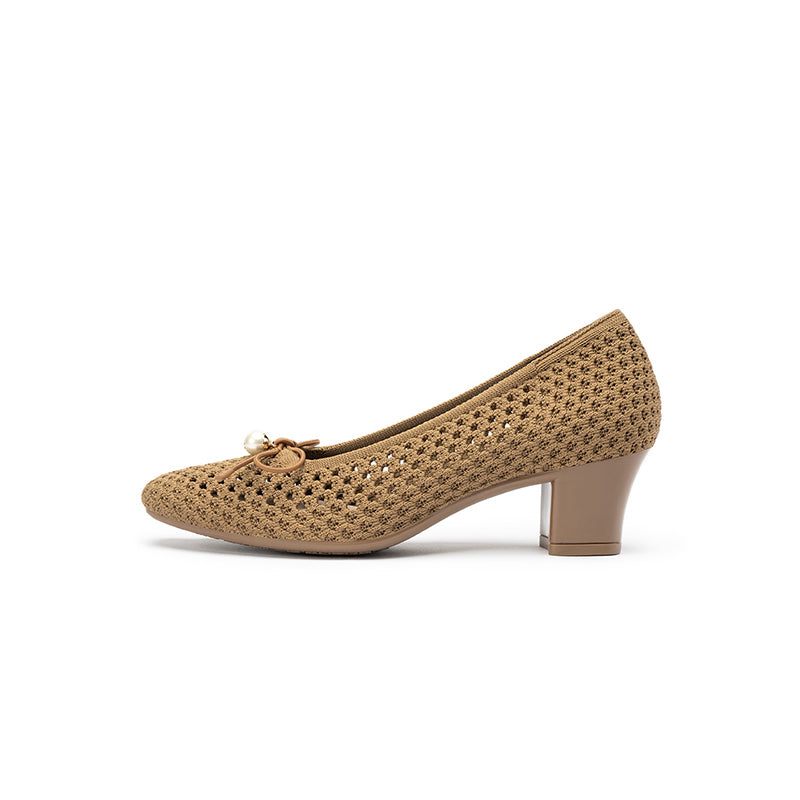 Pearl Bow Mesh Knit Round Toe Pumps – Breathable Block Heel Work Shoes