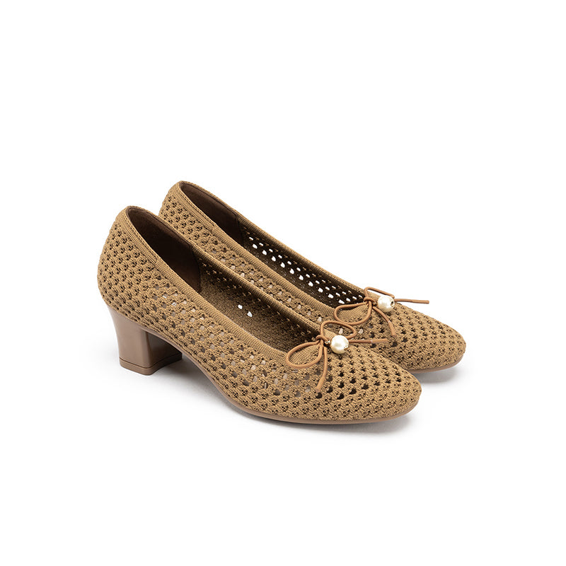Pearl Bow Mesh Knit Round Toe Pumps – Breathable Block Heel Work Shoes
