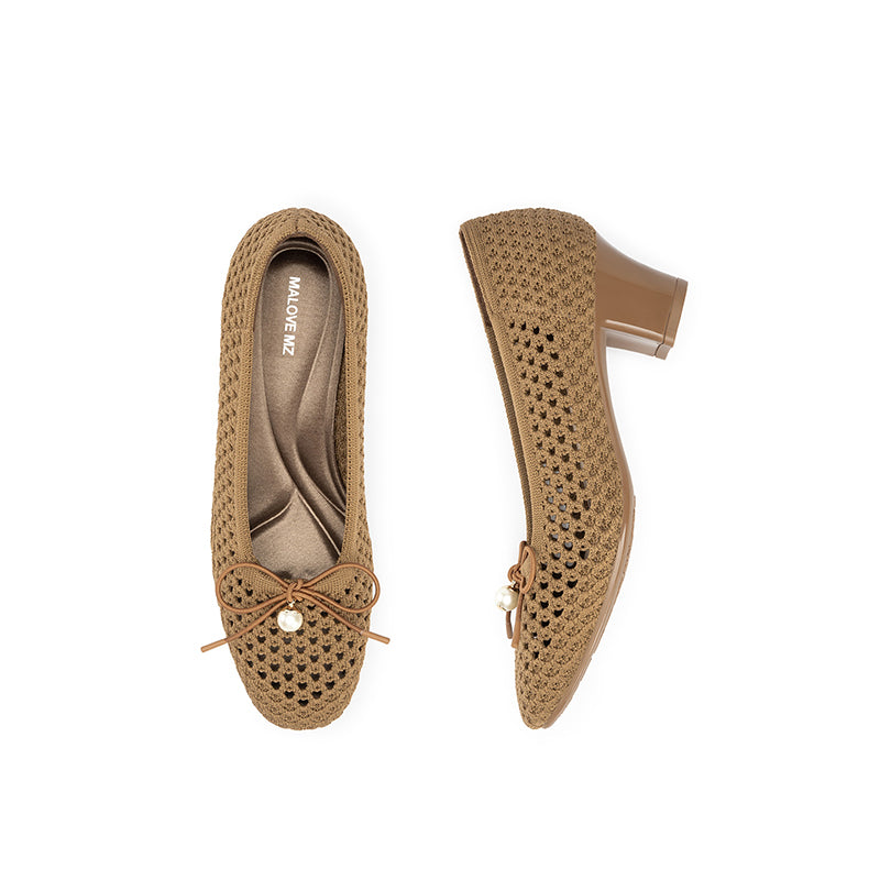 Pearl Bow Mesh Knit Round Toe Pumps – Breathable Block Heel Work Shoes