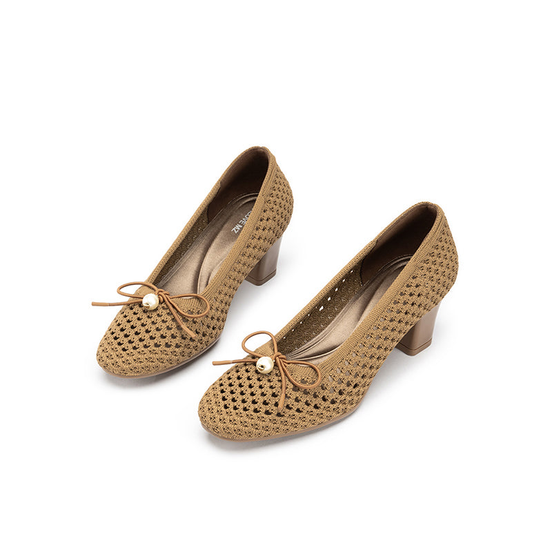 Pearl Bow Mesh Knit Round Toe Pumps – Breathable Block Heel Work Shoes