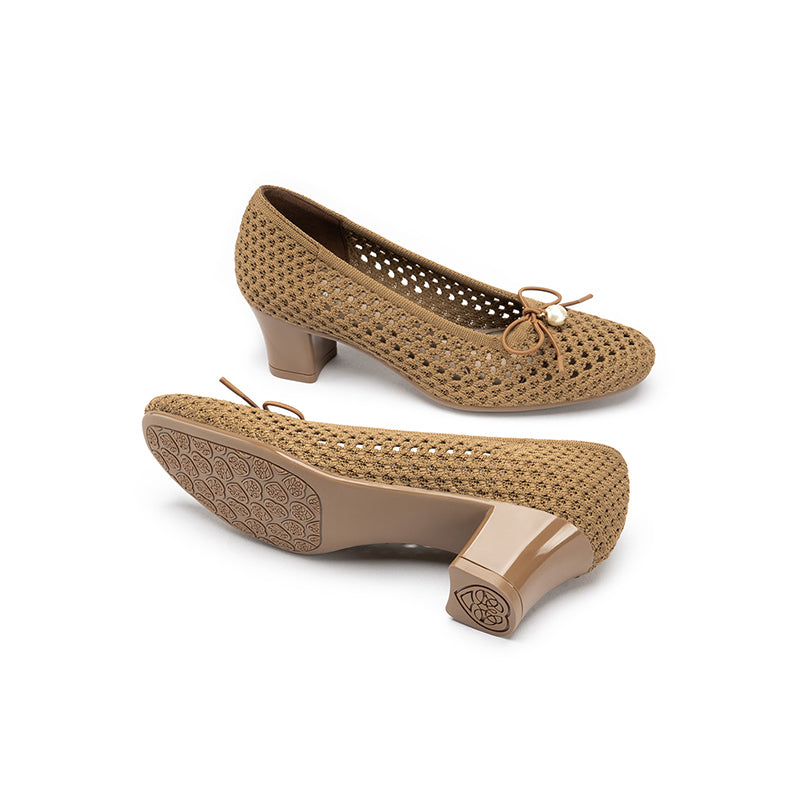 Pearl Bow Mesh Knit Round Toe Pumps – Breathable Block Heel Work Shoes