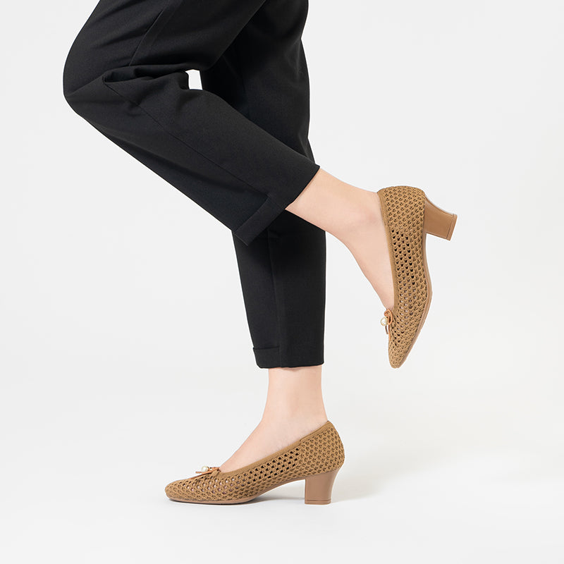 Pearl Bow Mesh Knit Round Toe Pumps – Breathable Block Heel Work Shoes