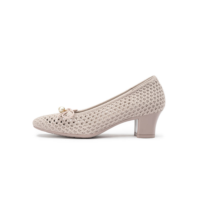 Pearl Bow Mesh Knit Round Toe Pumps – Breathable Block Heel Work Shoes