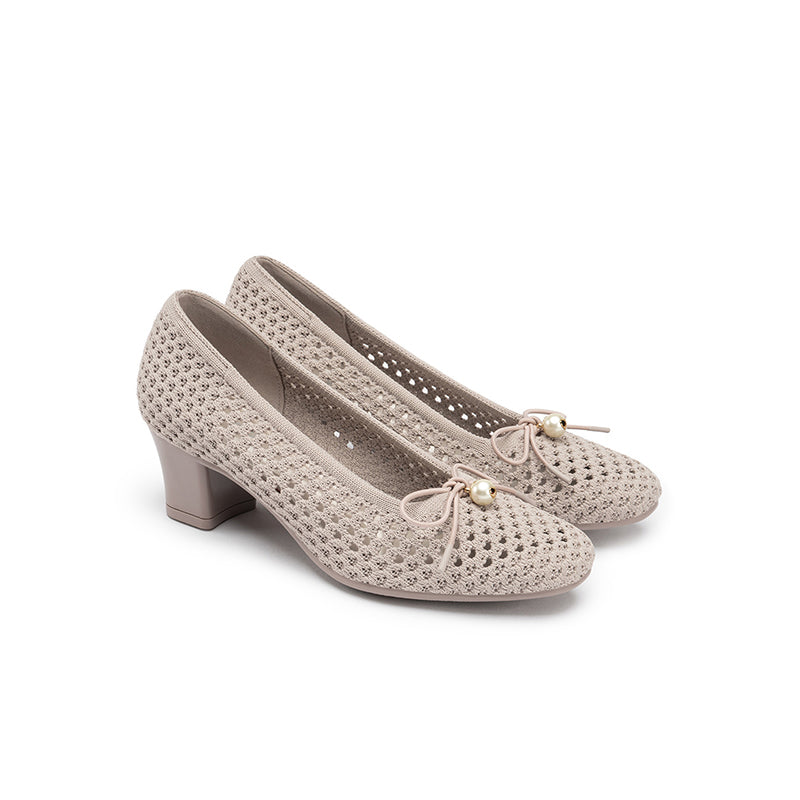 Pearl Bow Mesh Knit Round Toe Pumps – Breathable Block Heel Work Shoes