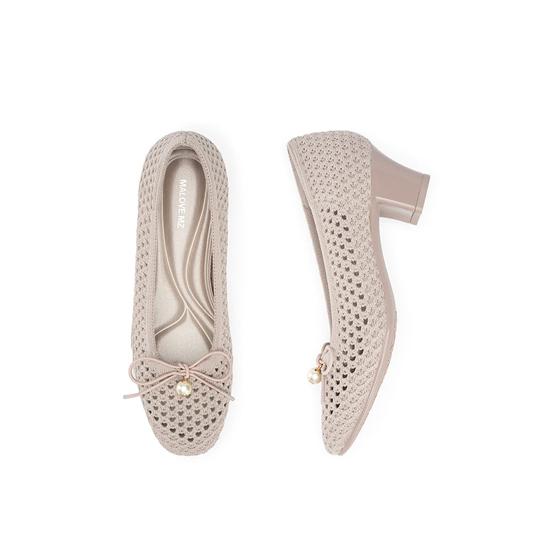 Pearl Bow Mesh Knit Round Toe Pumps – Breathable Block Heel Work Shoes