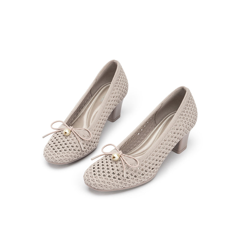 Pearl Bow Mesh Knit Round Toe Pumps – Breathable Block Heel Work Shoes