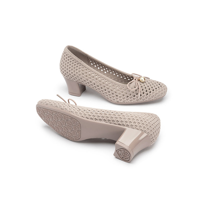 Pearl Bow Mesh Knit Round Toe Pumps – Breathable Block Heel Work Shoes