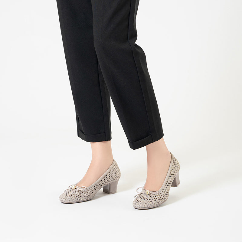 Pearl Bow Mesh Knit Round Toe Pumps – Breathable Block Heel Work Shoes