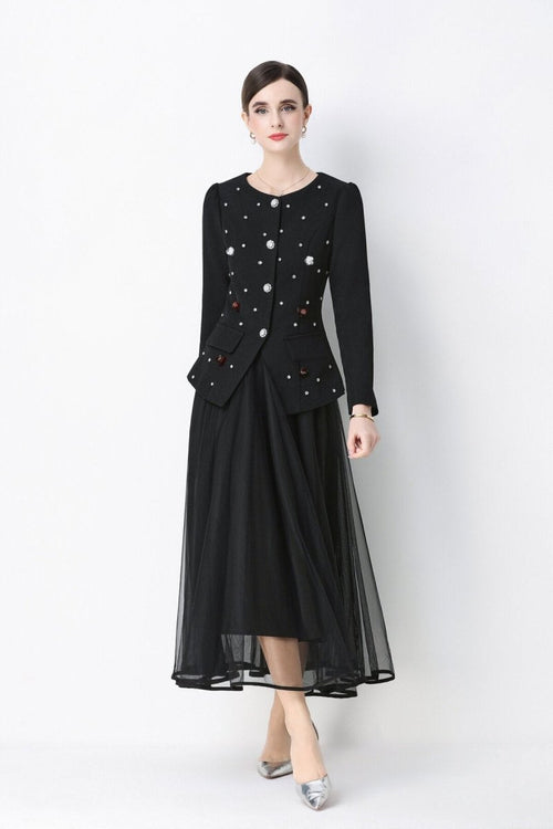 Pearl Embellished Peplum Jacket & Tulle Skirt Set
