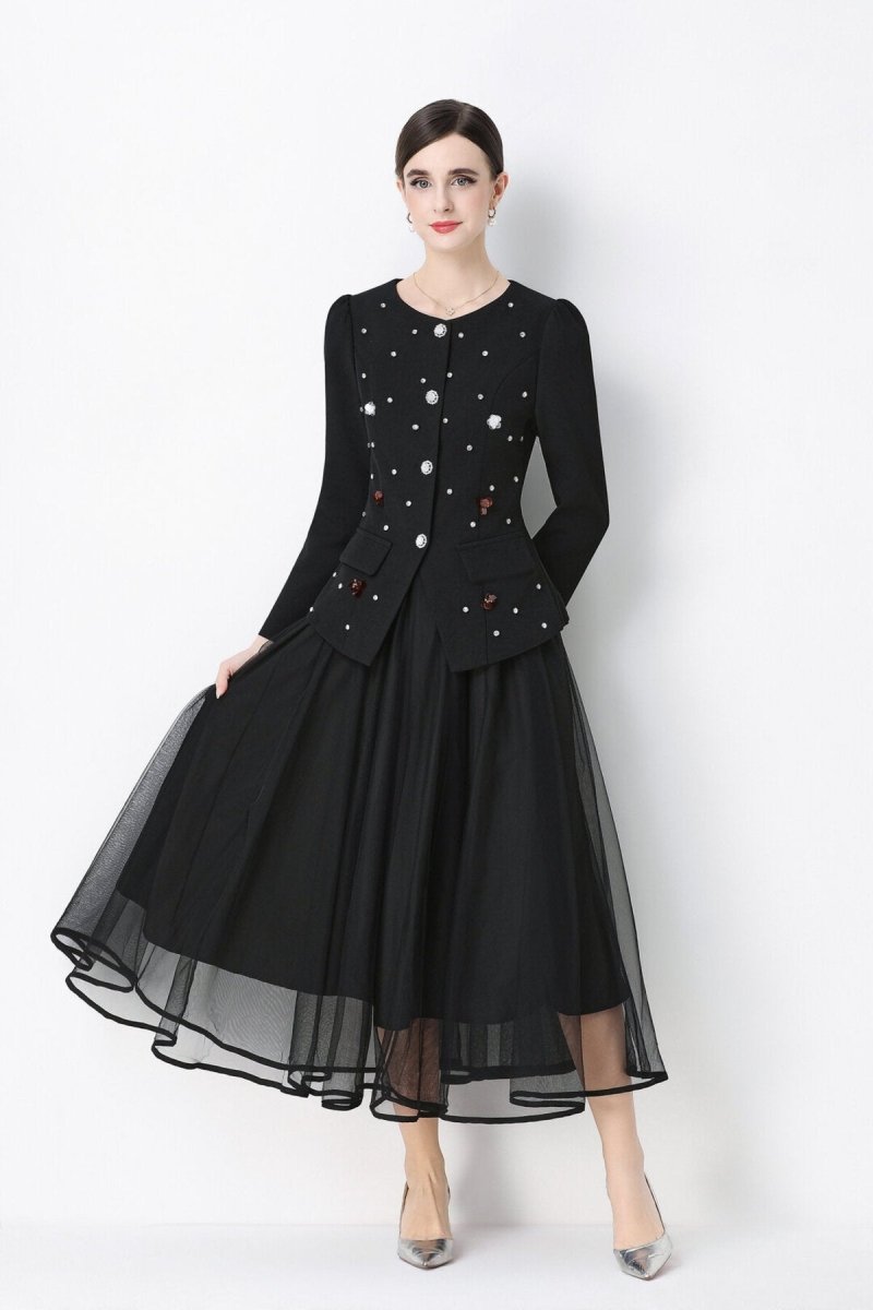 Pearl Embellished Peplum Jacket & Tulle Skirt Set