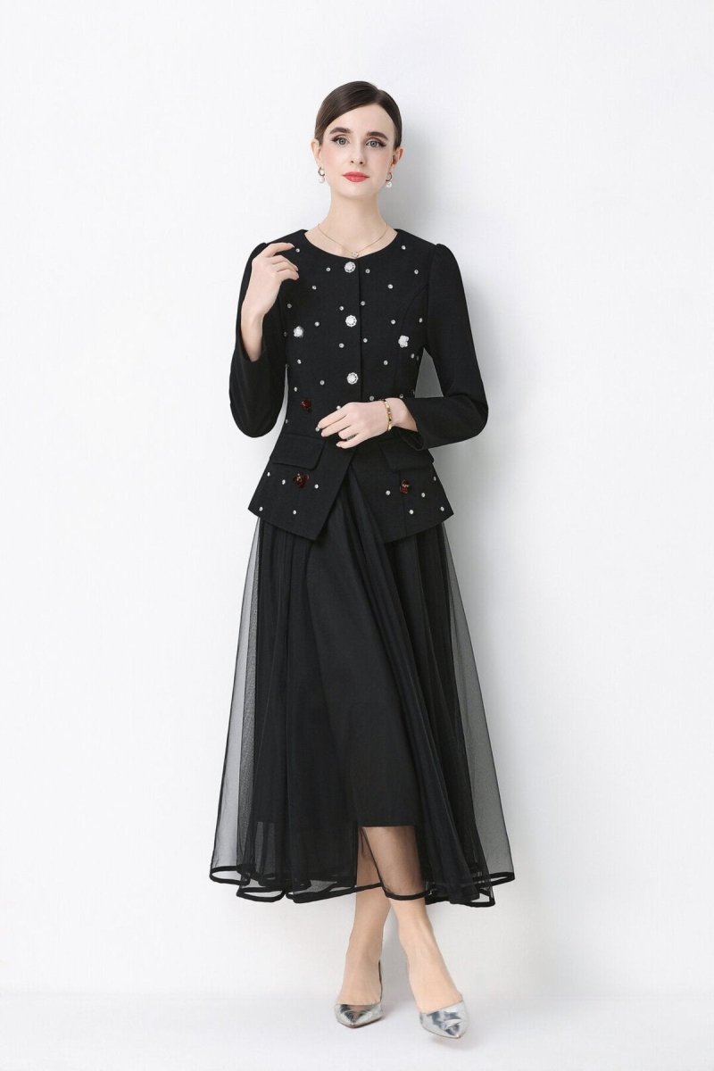 Pearl Embellished Peplum Jacket & Tulle Skirt Set