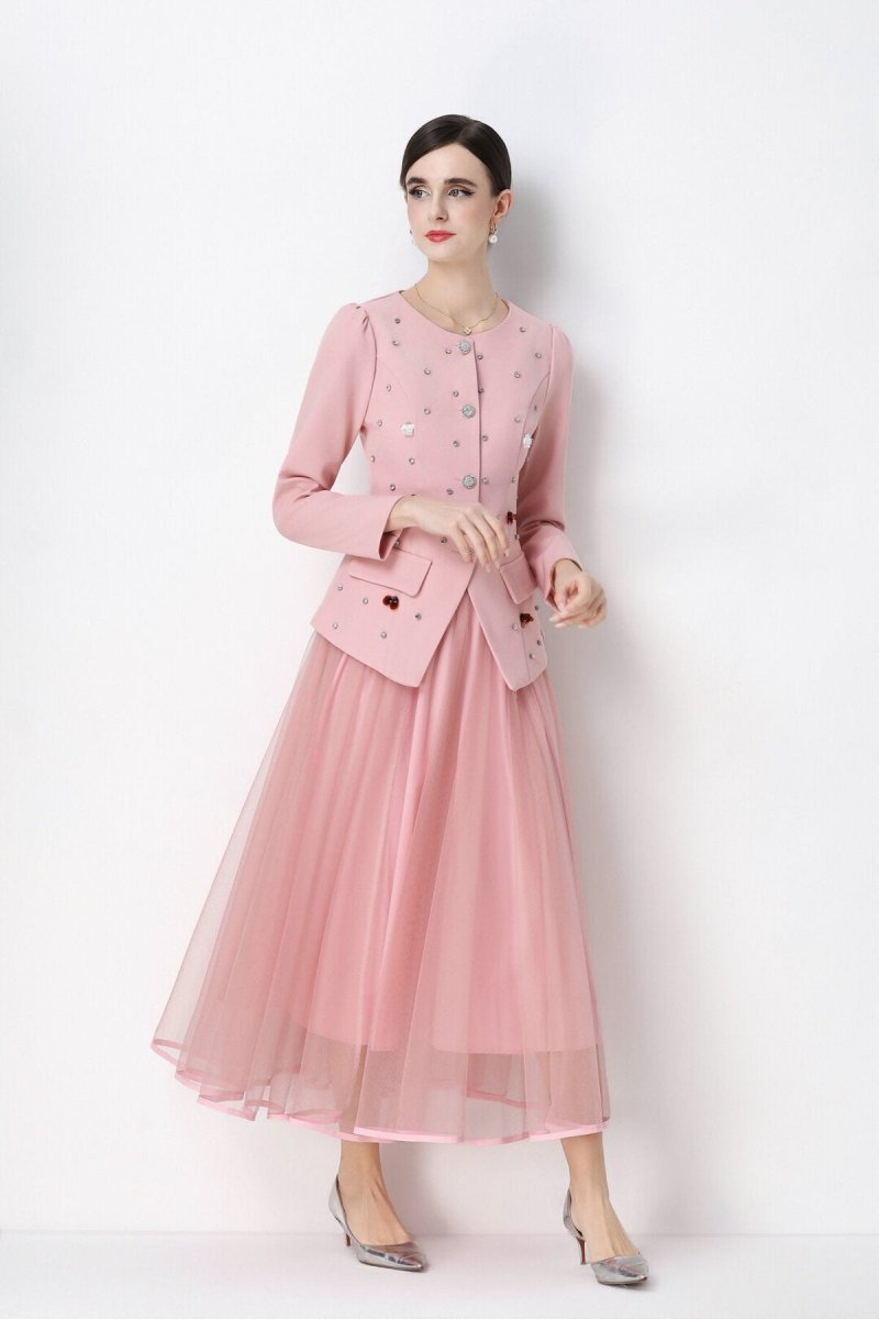Pearl Embellished Peplum Jacket & Tulle Skirt Set