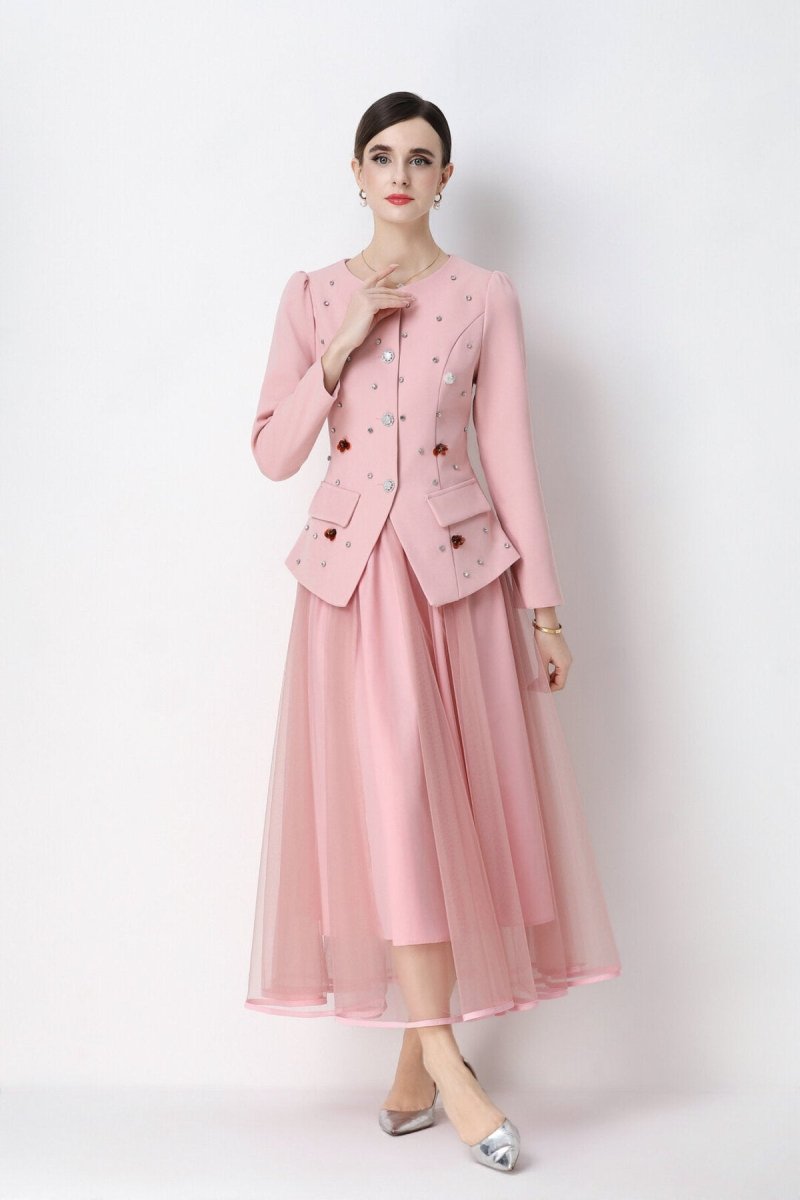 Pearl Embellished Peplum Jacket & Tulle Skirt Set