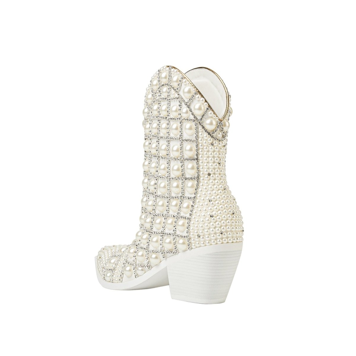 Pearl Embellished White Cowgirl Boots - 0cm