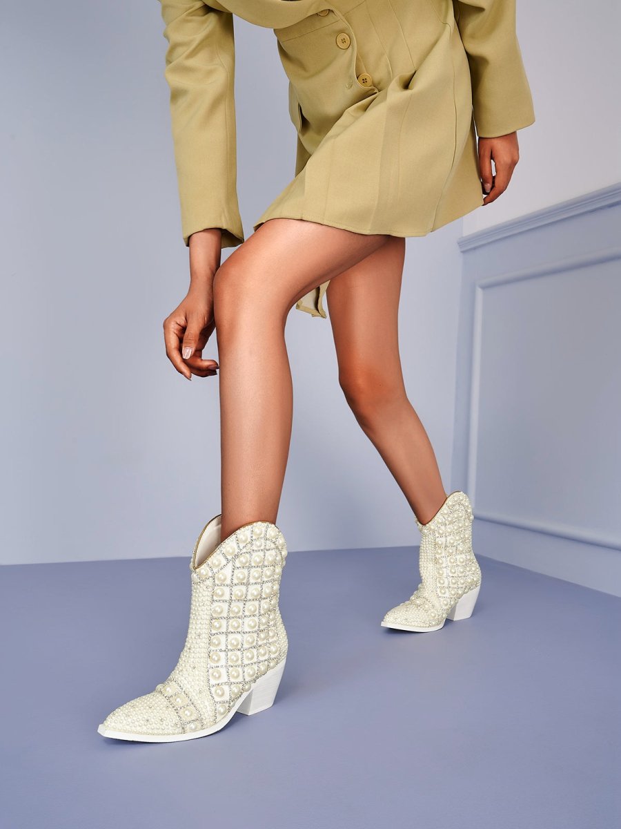 Pearl Embellished White Cowgirl Boots - 0cm