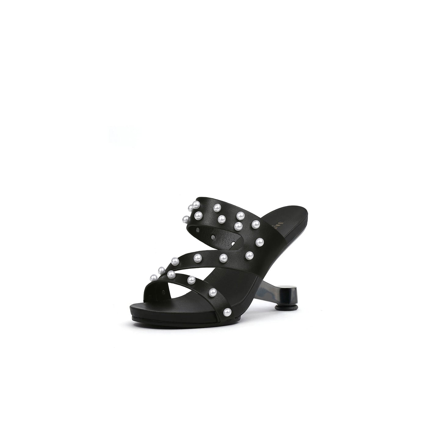 pearl strap high heel mules all black 2