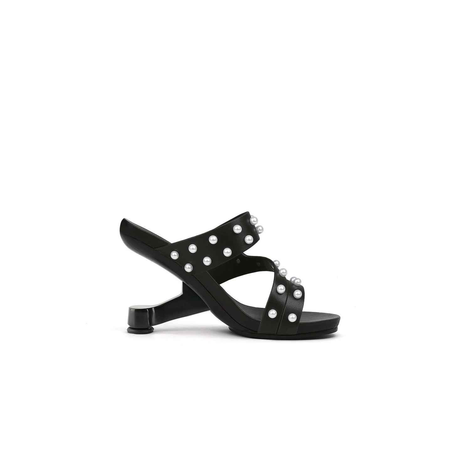 pearl strap high heel mules all black 3