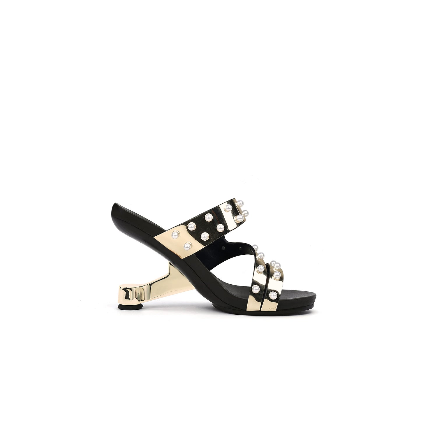 pearl strap high heel mules all gold 3