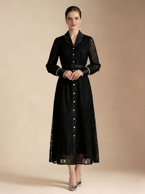 Pearl Trim Lace Shirt Maxi Dress
