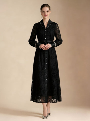 Pearl Trim Lace Shirt Maxi Dress