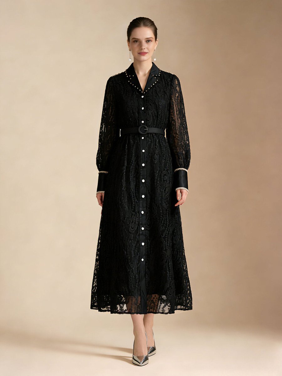 Pearl Trim Lace Shirt Maxi Dress