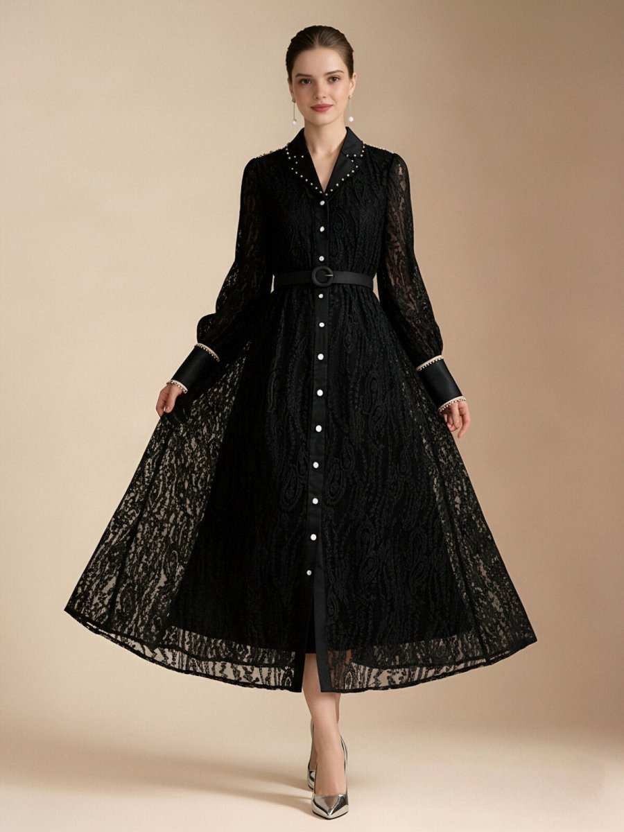 Pearl Trim Lace Shirt Maxi Dress