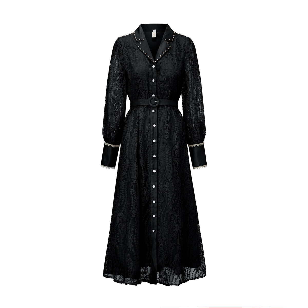 Pearl Trim Lace Shirt Maxi Dress