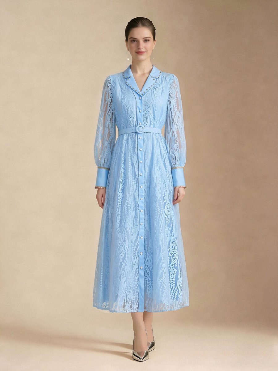 Pearl Trim Lace Shirt Maxi Dress