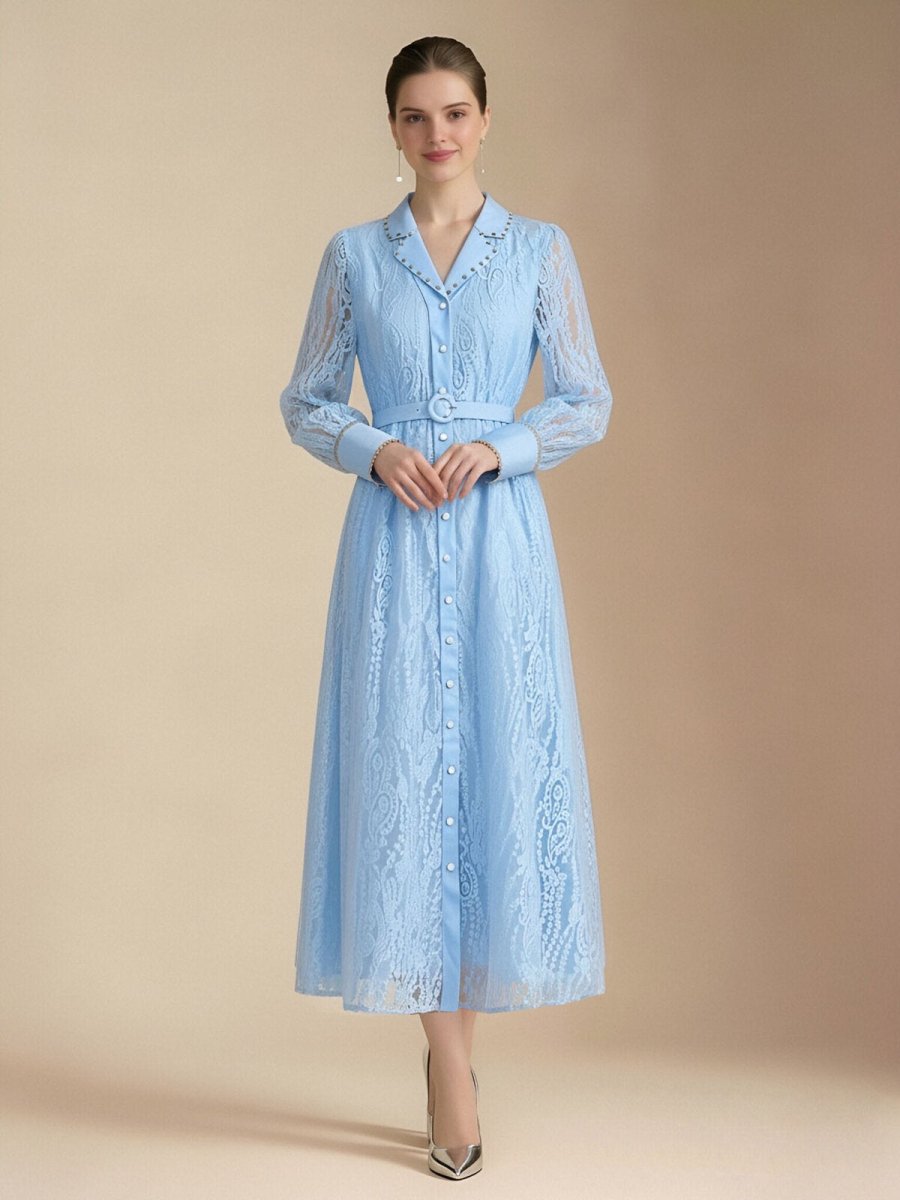 Pearl Trim Lace Shirt Maxi Dress