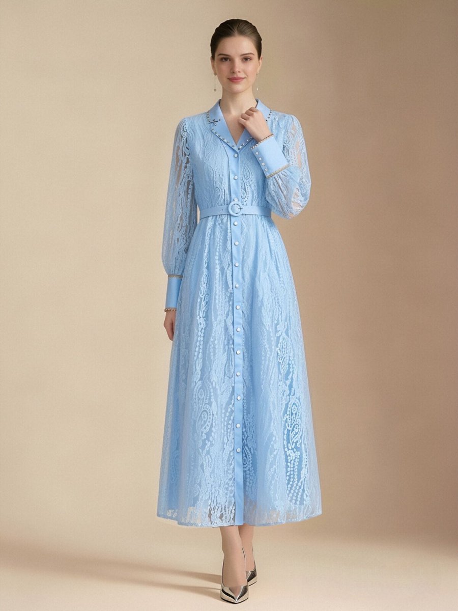 Pearl Trim Lace Shirt Maxi Dress