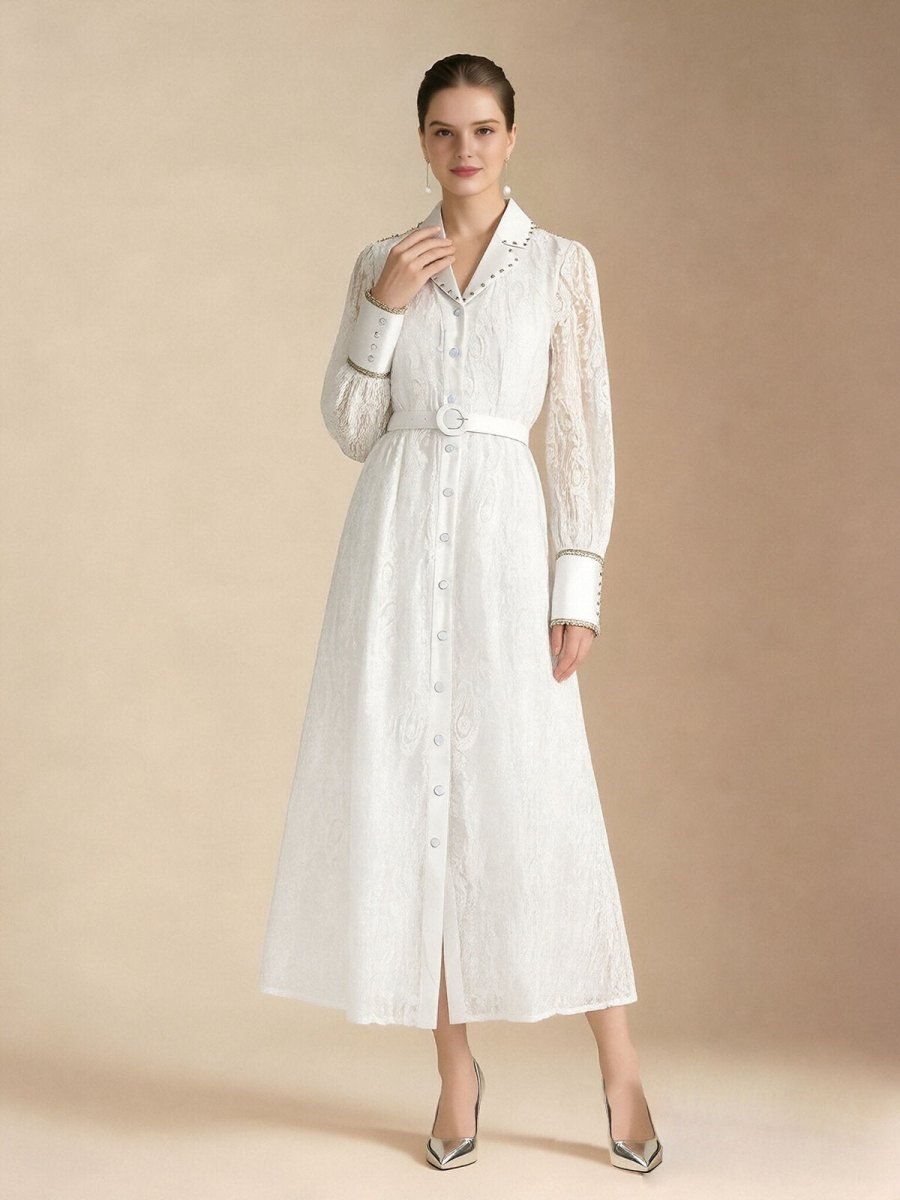 Pearl Trim Lace Shirt Maxi Dress