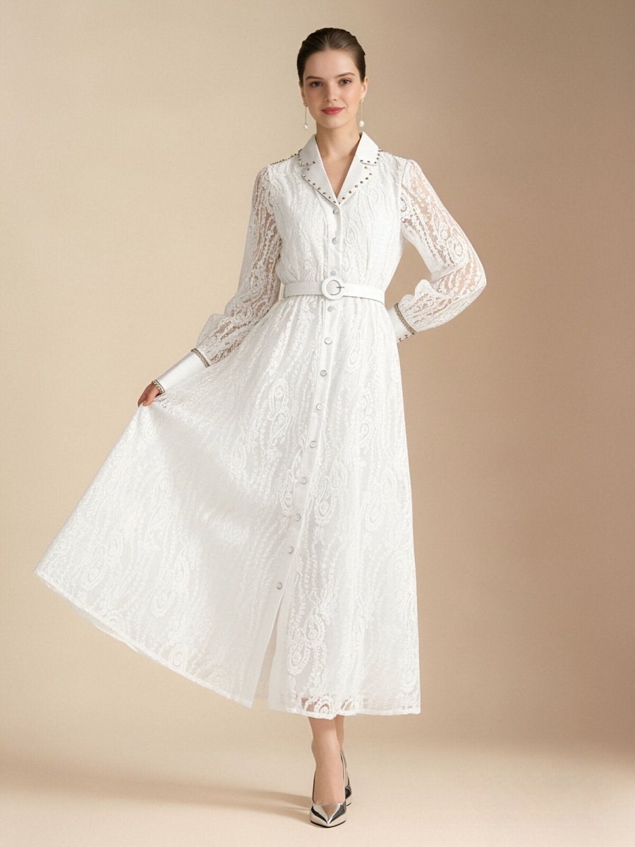 Pearl Trim Lace Shirt Maxi Dress