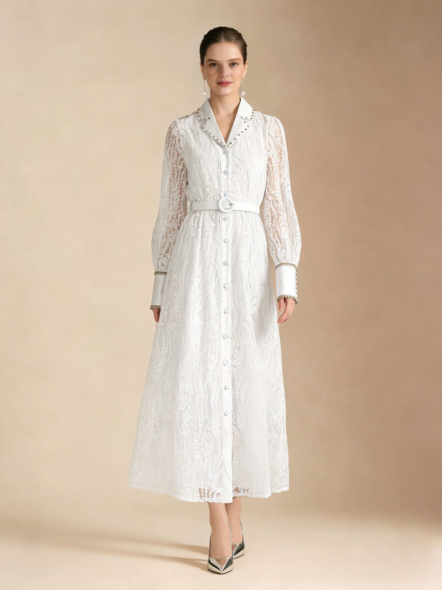 Pearl Trim Lace Shirt Maxi Dress