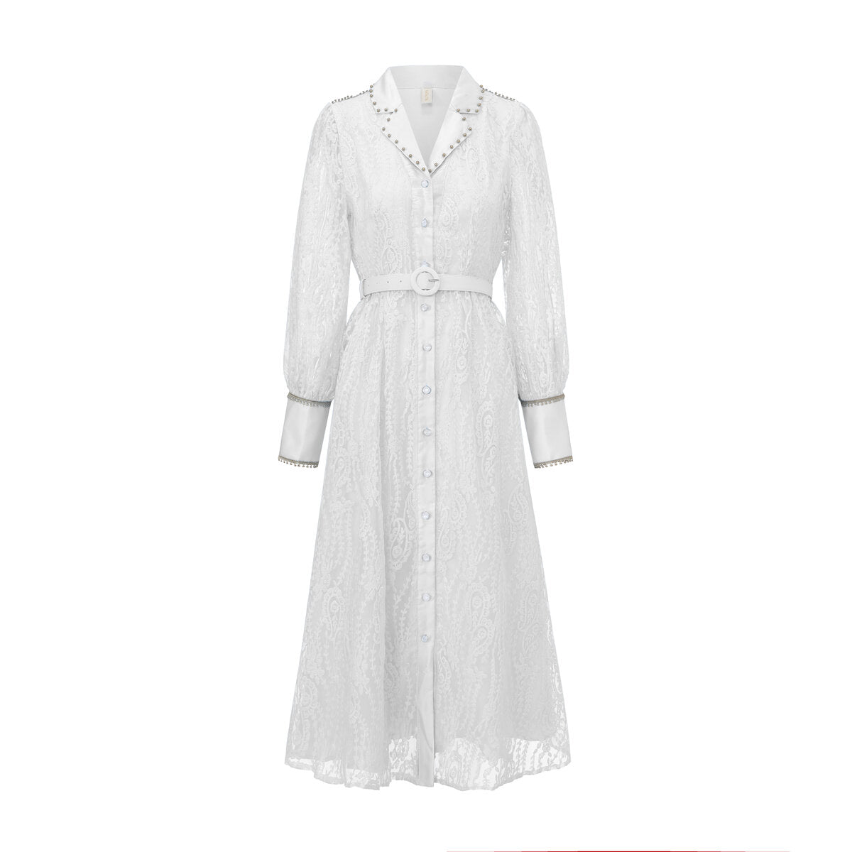 Pearl Trim Lace Shirt Maxi Dress