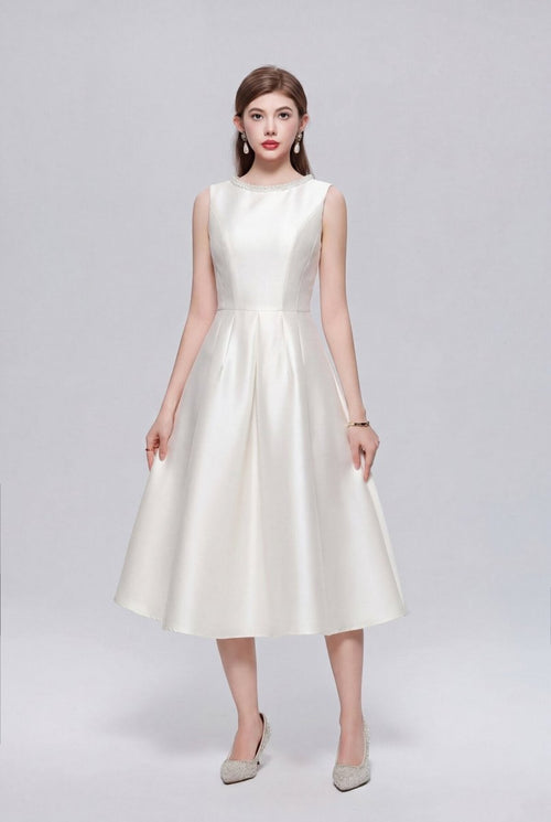Pearl-Trimmed Sleeveless Fit-and-Flare Midi Dress
