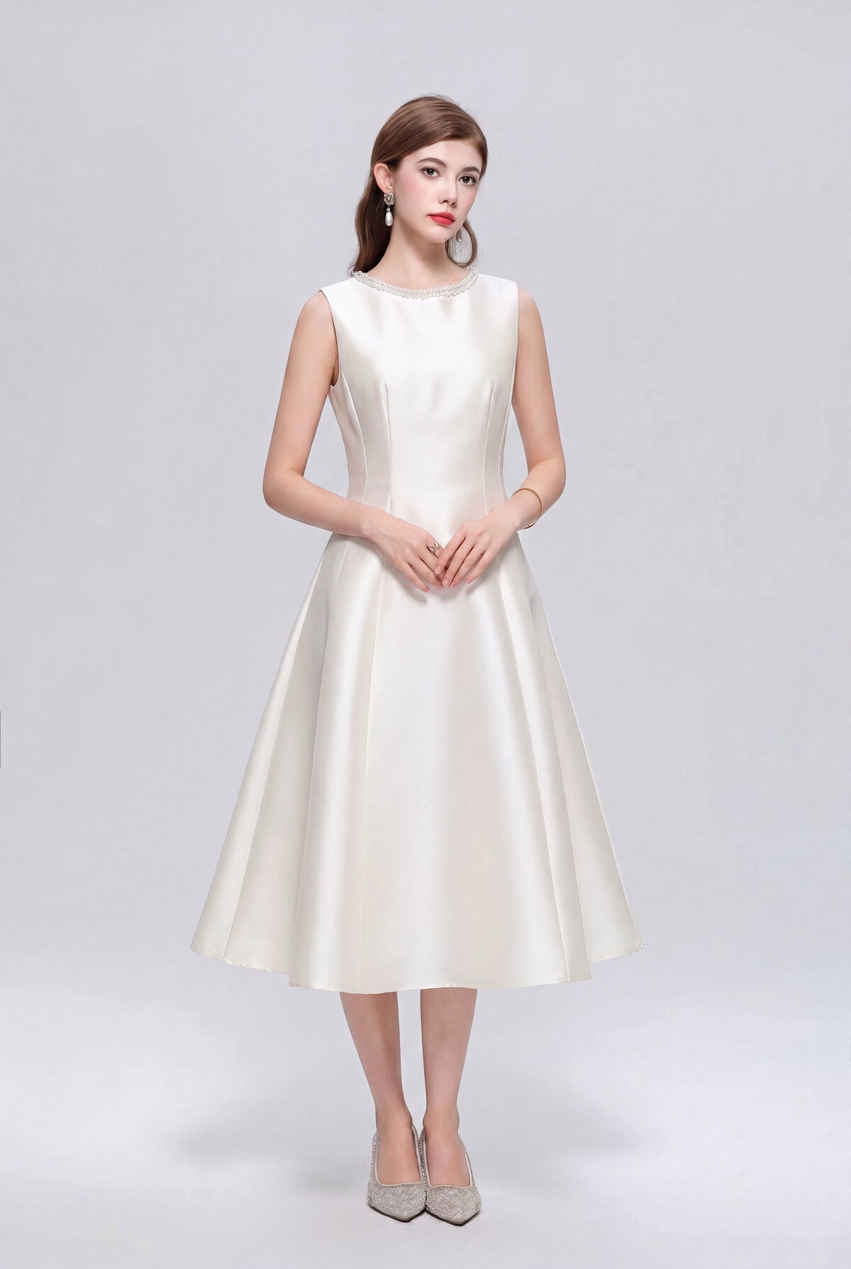 Pearl-Trimmed Sleeveless Fit-and-Flare Midi Dress