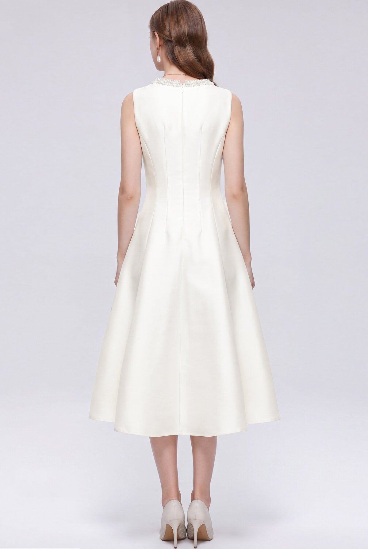 Pearl-Trimmed Sleeveless Fit-and-Flare Midi Dress