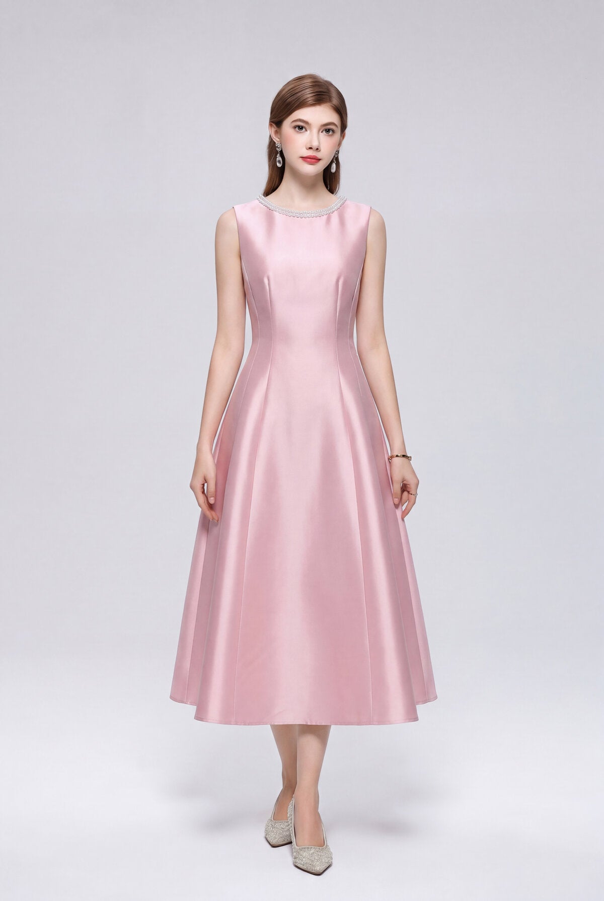 Pearl-Trimmed Sleeveless Fit-and-Flare Midi Dress