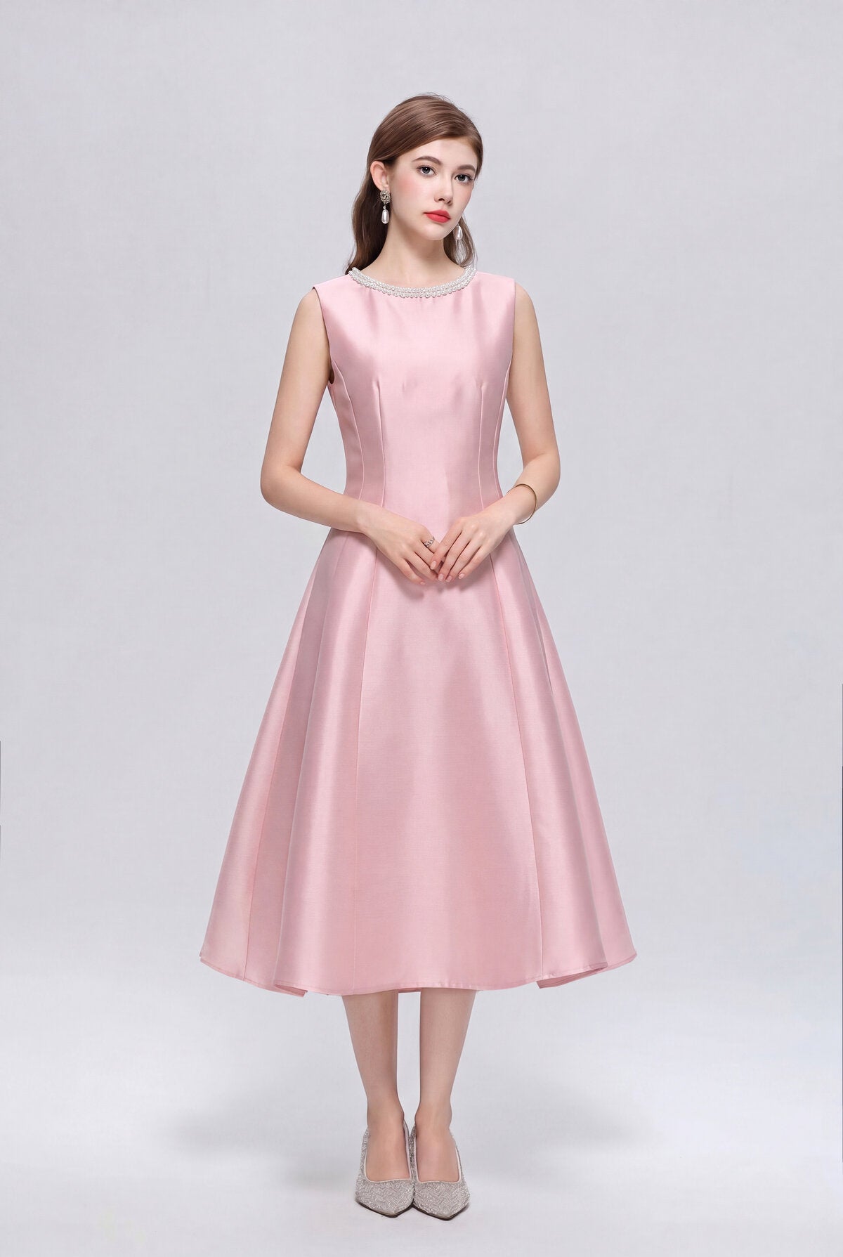 Pearl-Trimmed Sleeveless Fit-and-Flare Midi Dress