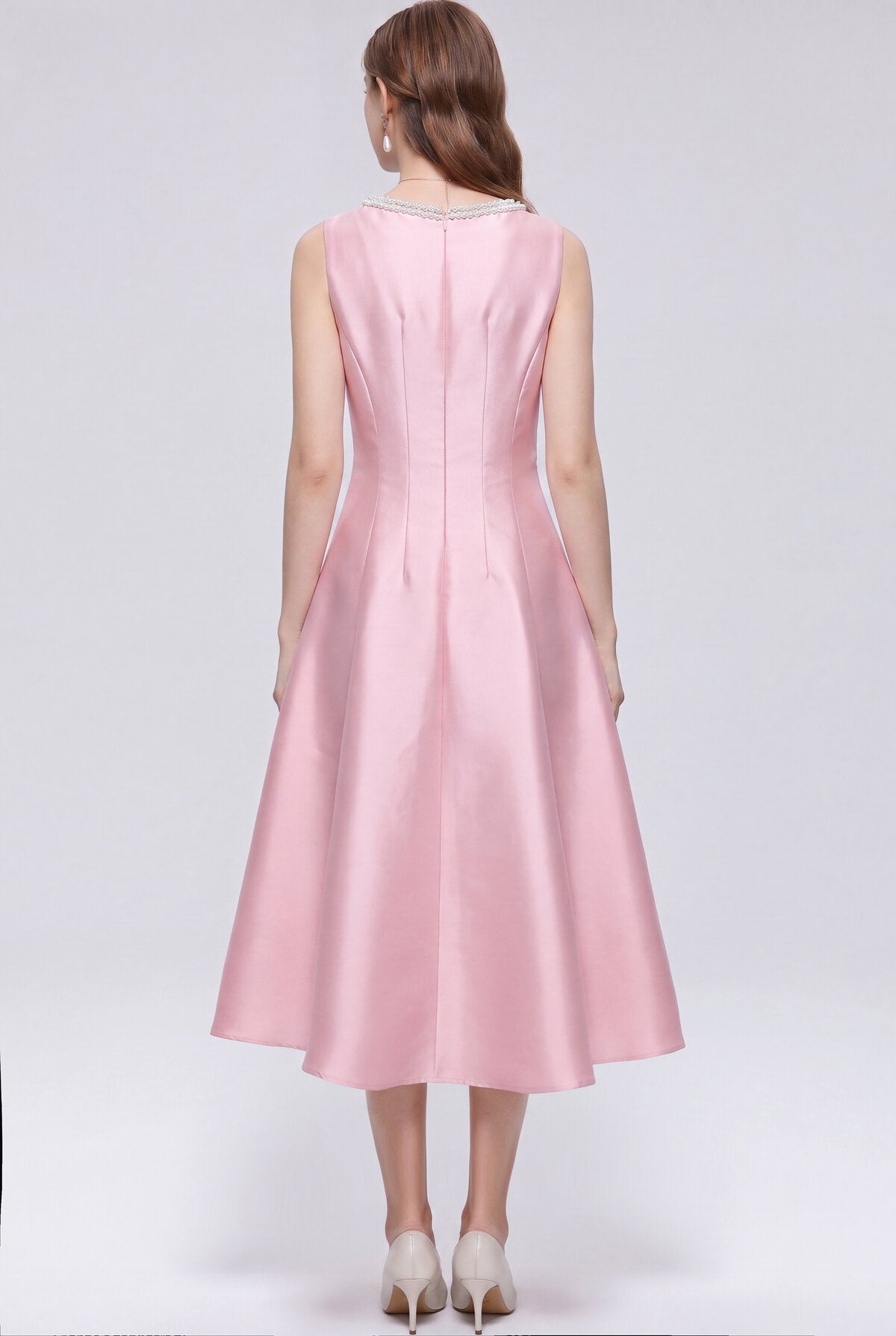 Pearl-Trimmed Sleeveless Fit-and-Flare Midi Dress
