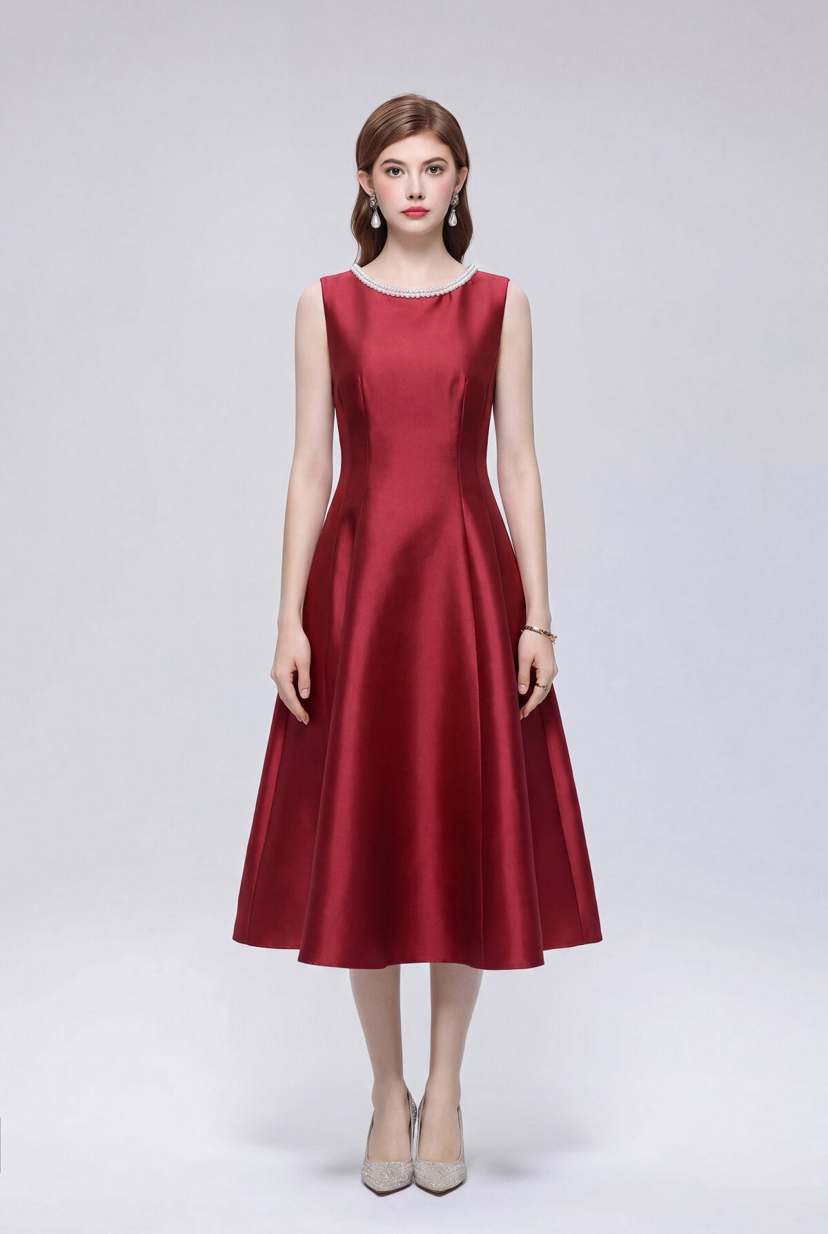 Pearl-Trimmed Sleeveless Fit-and-Flare Midi Dress