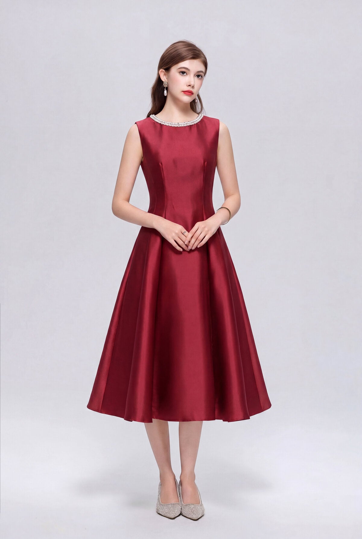 Pearl-Trimmed Sleeveless Fit-and-Flare Midi Dress