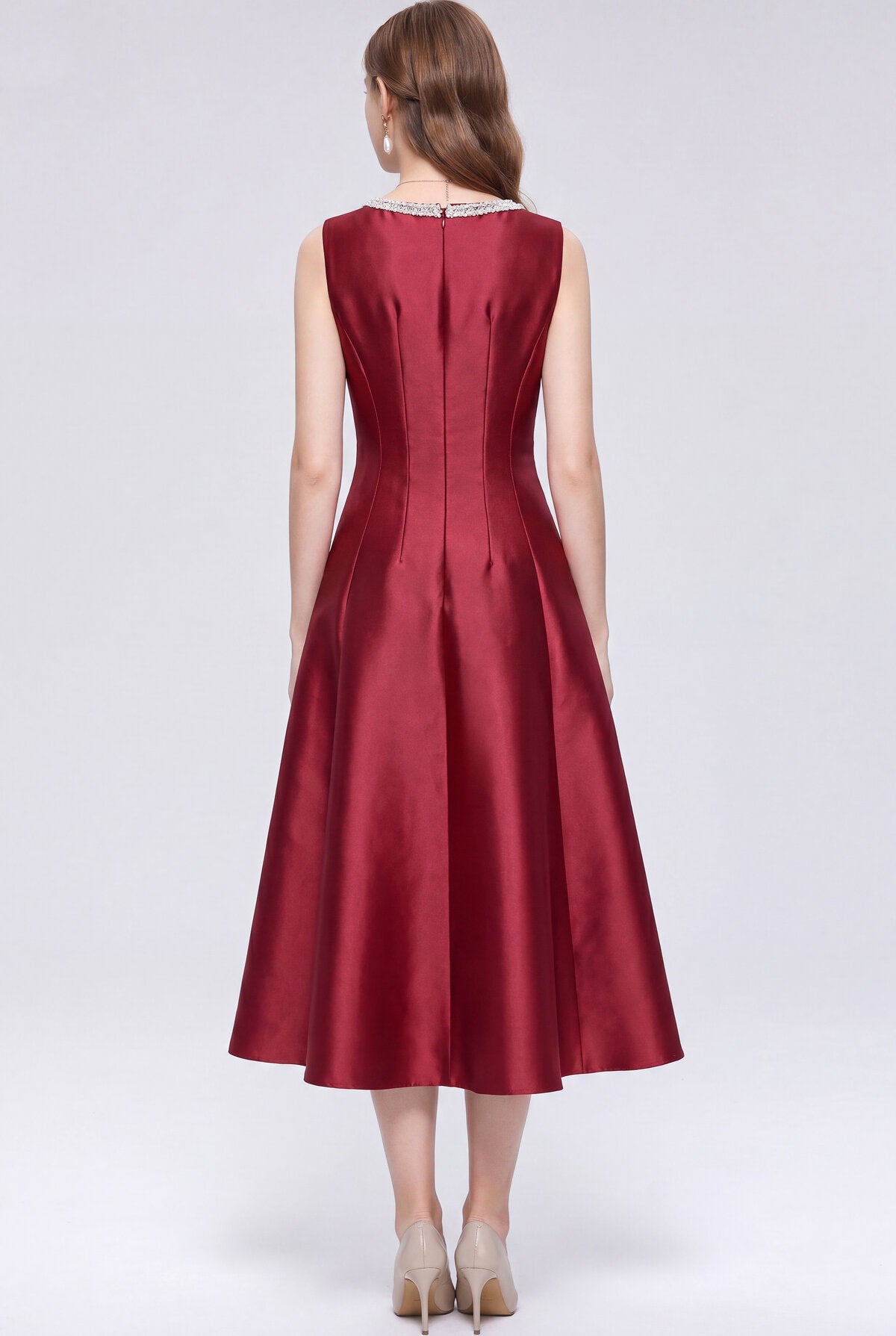 Pearl-Trimmed Sleeveless Fit-and-Flare Midi Dress