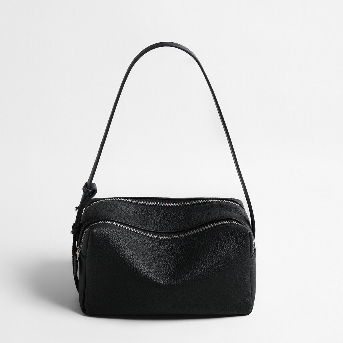 Pebbled Calfskin Bowling Bag – Structured Wave-Zip Shoulder Crossbody
